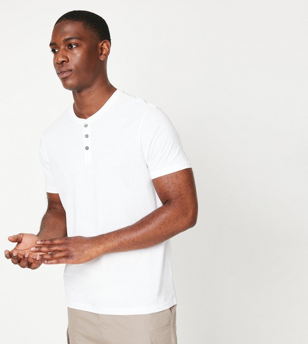 Solid Grandad Neck Casual T-Shirt
