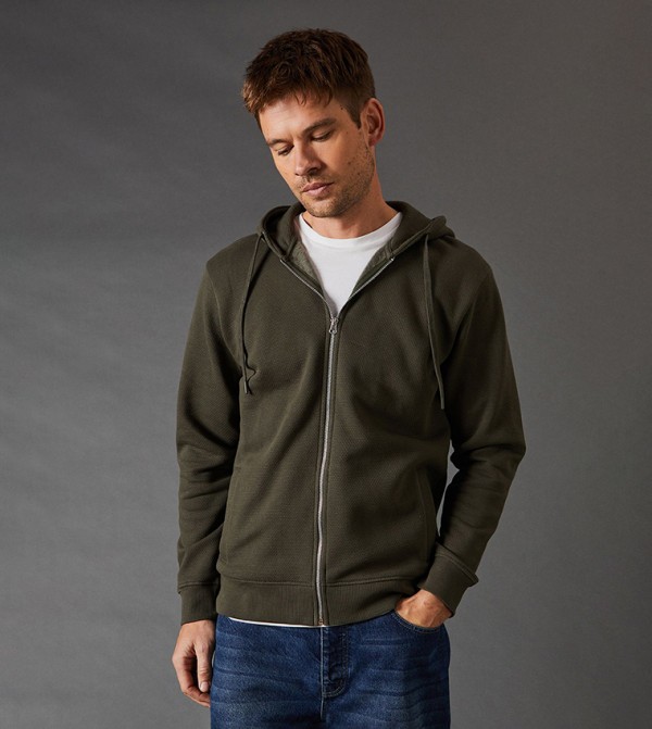Popcorn Textured Zip Through Hooded Jacket