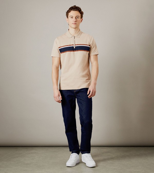 Chest Strip Zipper Neck Polo T-Shirt