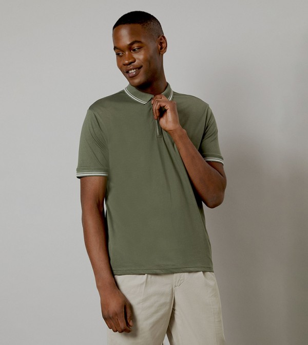 Contrast Tipping Zipper Neck Polo T-Shirt