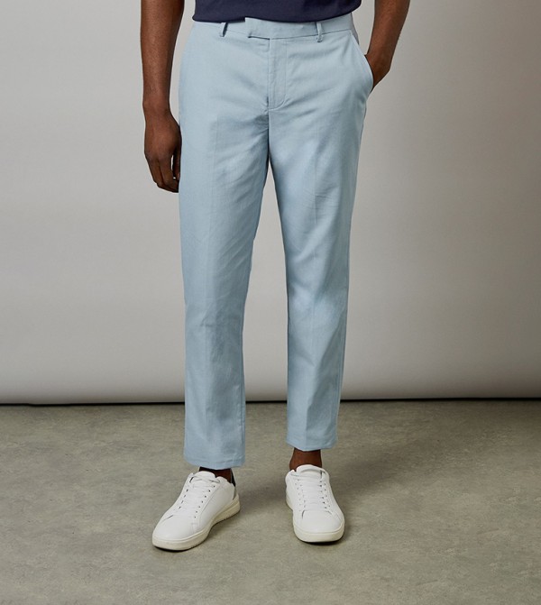 Light Blue Linen Slim Fit Formal Trousers