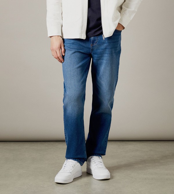 Mid Wash Stretch Straight Fit Jeans