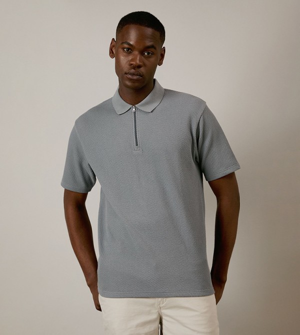 Textured Zip Neck Polo T-Shirt