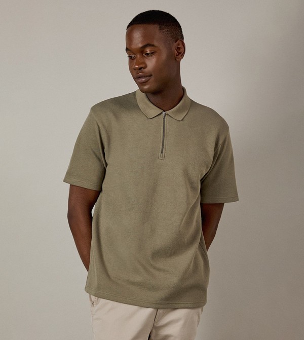 Washed Textured Pique Half Zip Polo T-Shirt