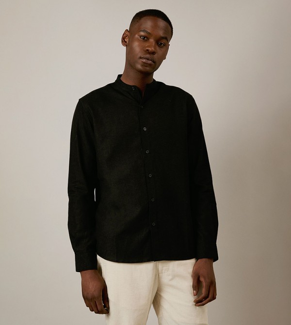 Linen Blend Mandarin Collar Shirt