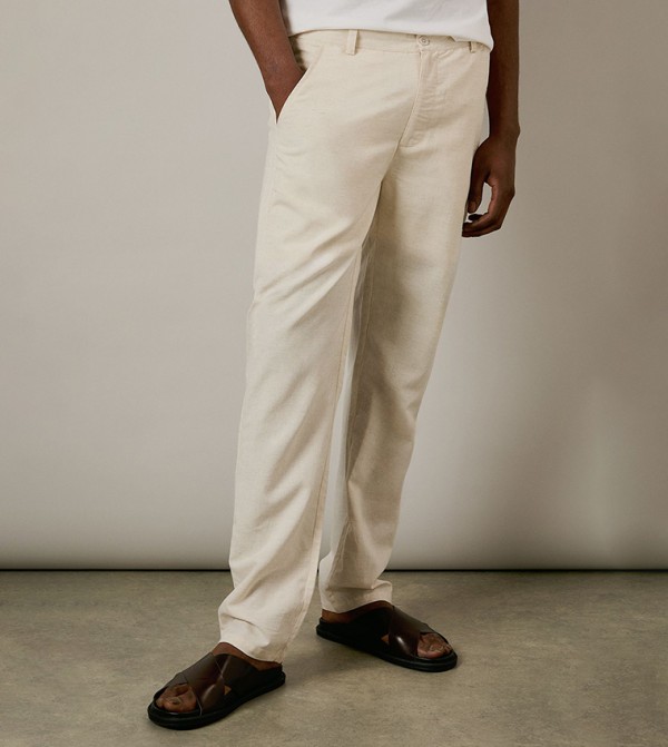 Button Closure Linen Blend Trousers