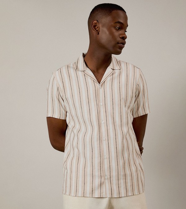 Multi Striped Short Sleeves Revere Collar Shirt
