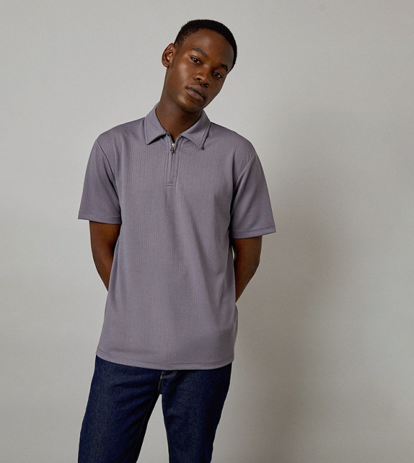 Textured Zipper Neck Polo T-Shirt