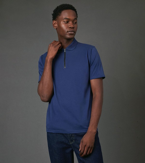 Solid Zipper Neck Polo T-Shirt