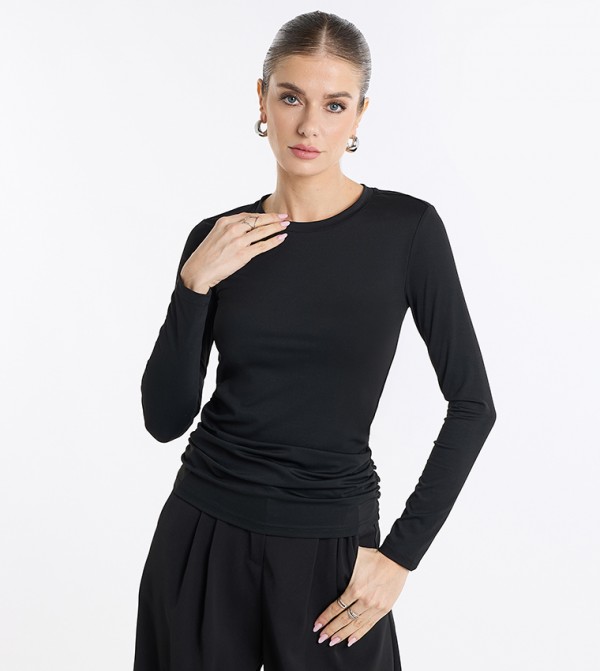 Solid Ruched Side Long Sleeve Top