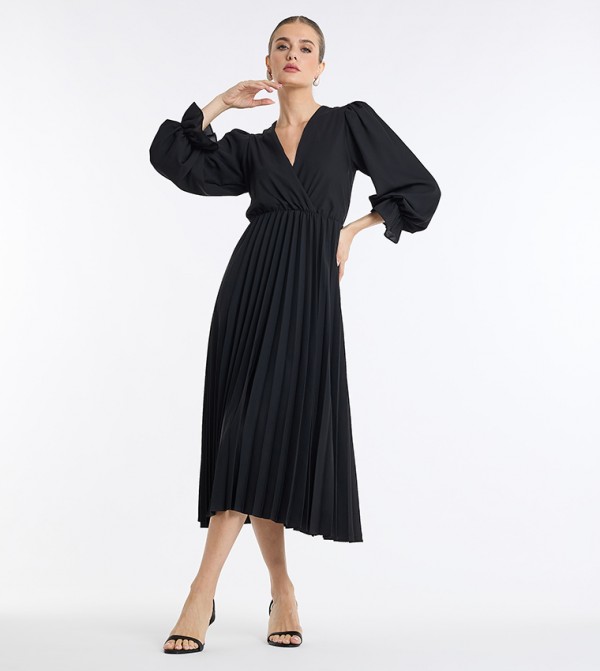Pleated V-Neck Midi Dress