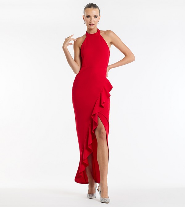 Ruffled Halter Neck Slit Dress