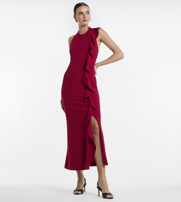 Ruffled Sleeveless Slit Midaxi Dress