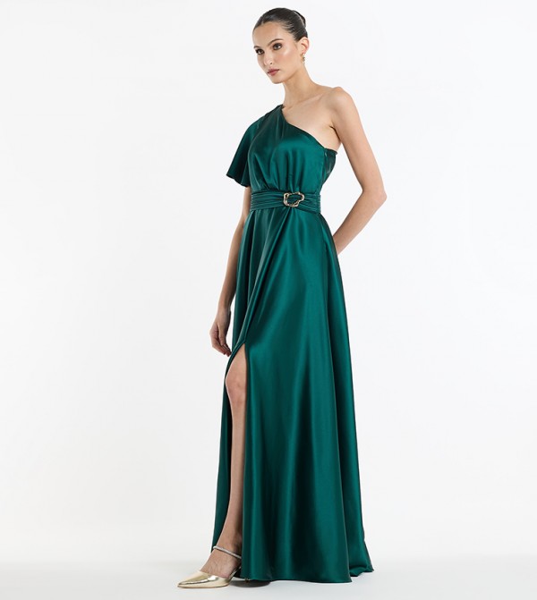 Belted One Shoulder Evening Gown
