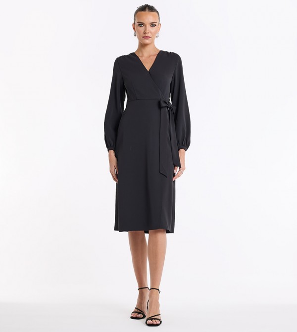 Tie Detail Long Sleeves Wrap Midi Dress