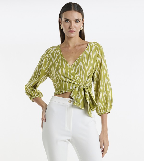 Printed Tie Detail Wrap Crop Top