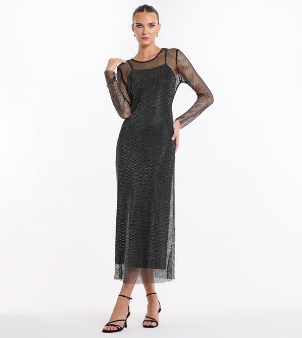 Mesh Studded Long Sleeves Midaxi Dress