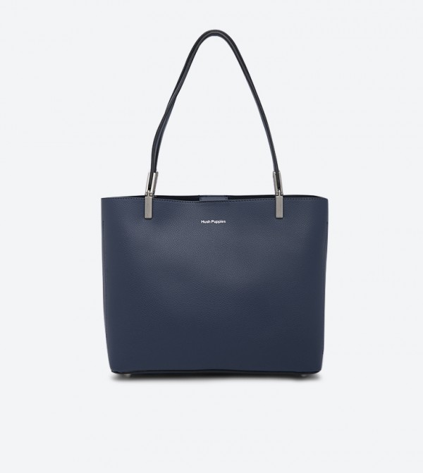 Blossom Top Zip Closure Dual Handle Details Tote Bag - Navy