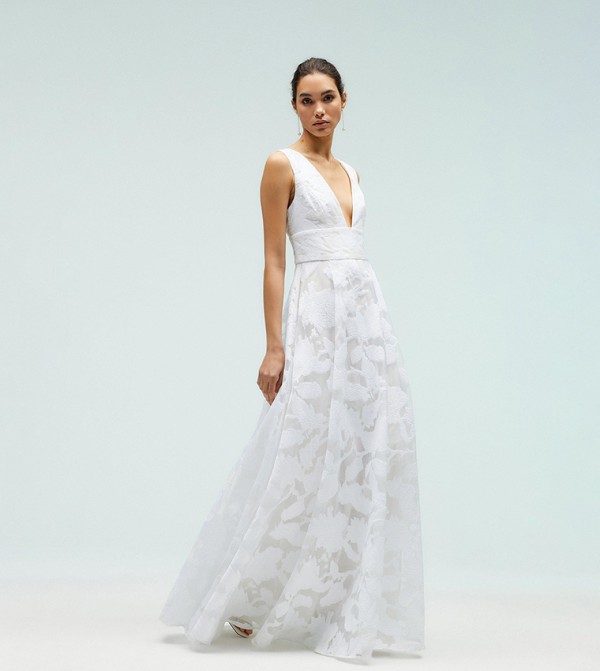 Plunge V Full Skirted Jacquard Dress