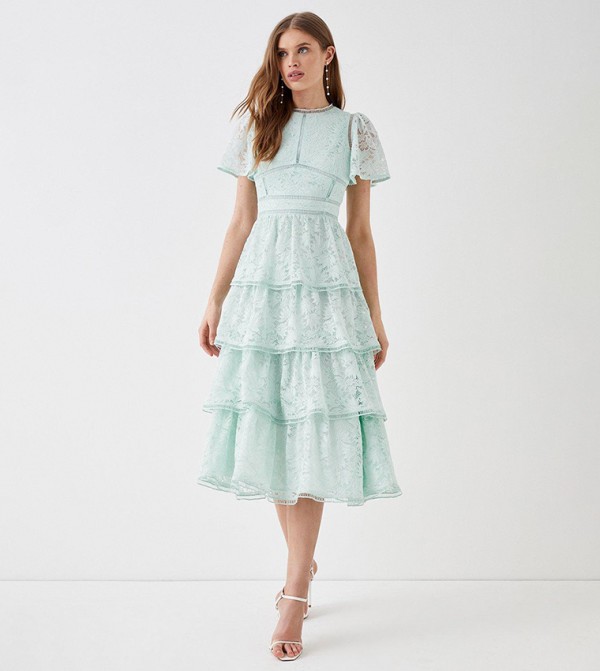 Tiered Lace Dress with Flutter Sleeves & Trims