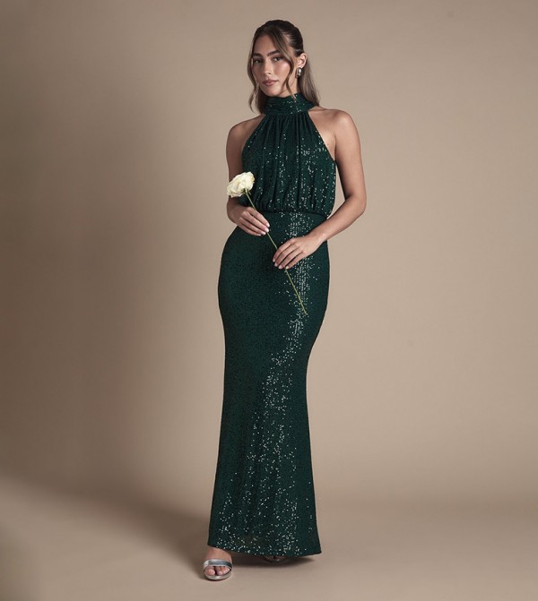 Halterneck Sequined Bridesmaid Maxi Dress