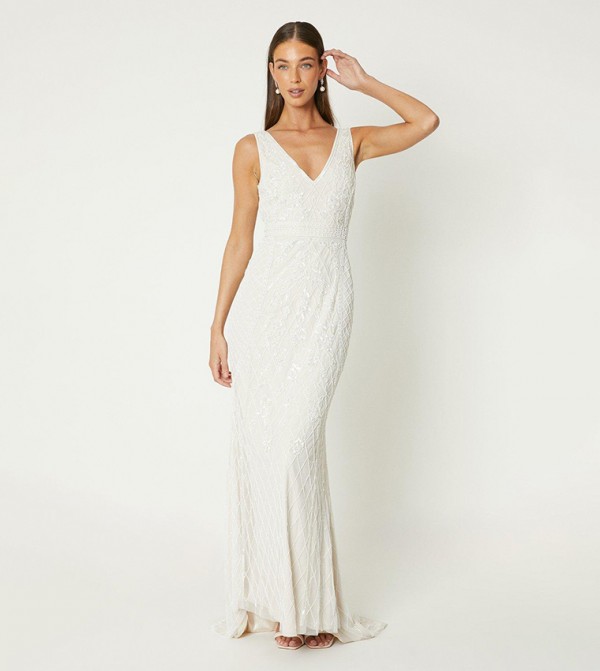 Plunge Floral Embellished Wedding Dress