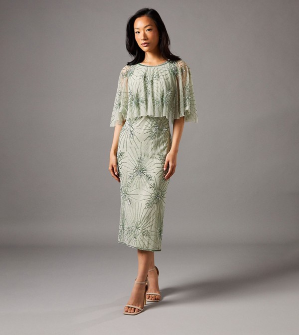 Floral Embellished Cape Midi Dress