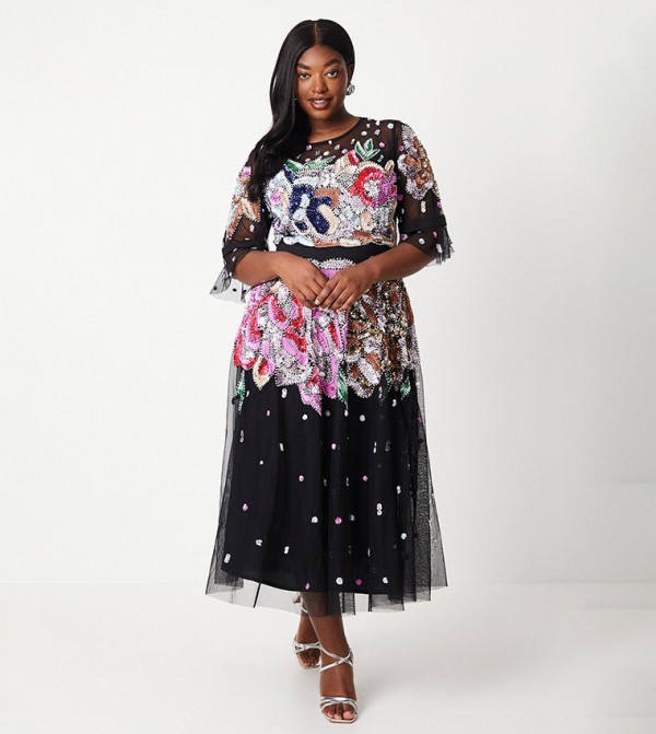 Curve Hand Embellished Mesh Midi Dress
