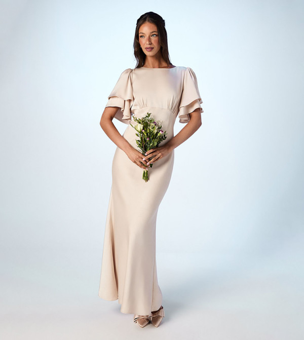 Crepe High Neck Short Sleeves Maxi Bridesmaid Dress