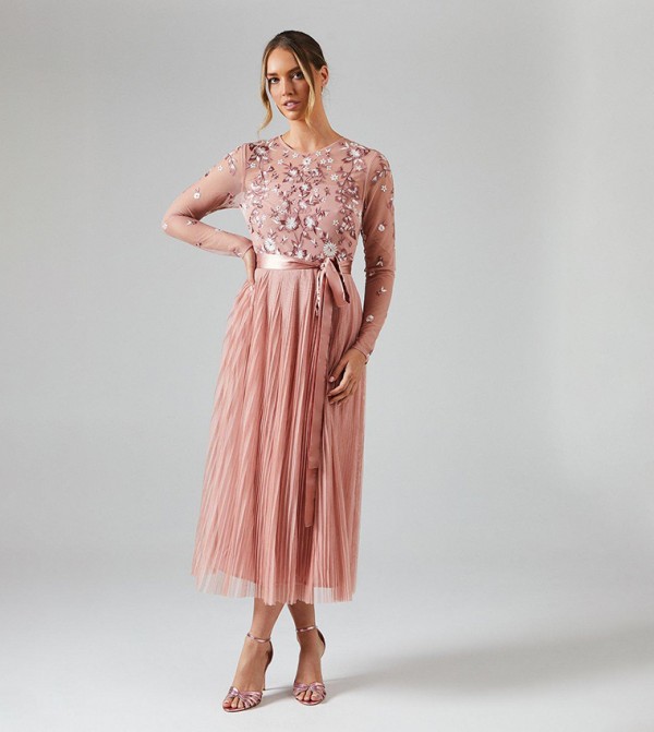 Embroidered Floral Bodice Pleated Bridesmaids Midi Dress