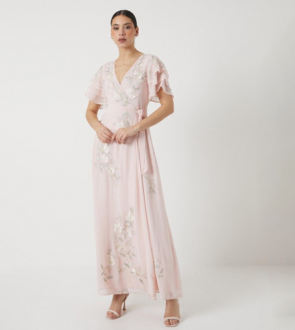 Buy Coast Rose Embroidered Flutter Sleeves Wrap Bridesmaids Maxi Dress in Blush 6thStreet UAE