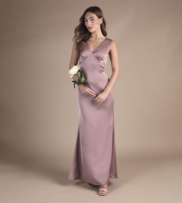 Bow Back V-Neck Satin Maxi Bridesmaid Dress