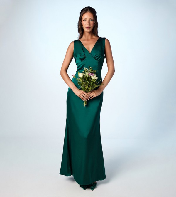 Bow Back V Neck Satin Bridesmaid Dress