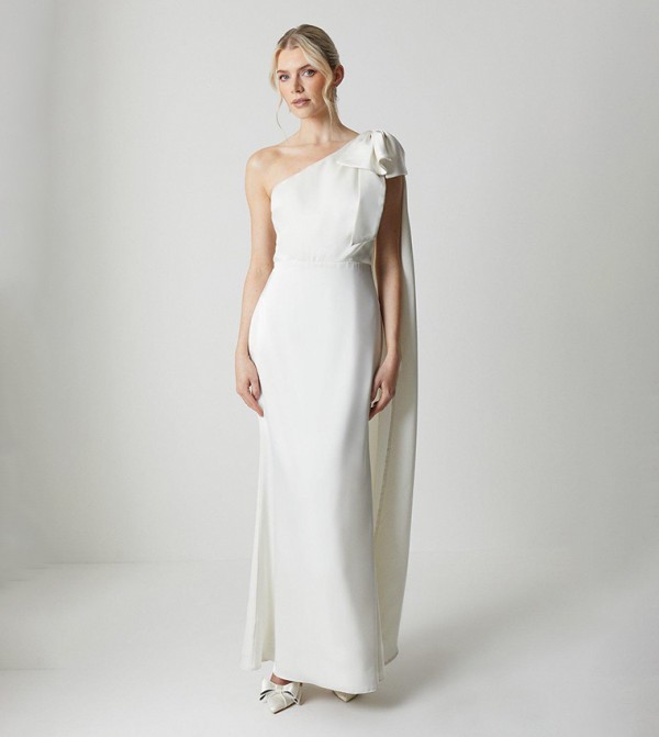 Bow and Drape Detail One Shoulder Satin Bridal Dress