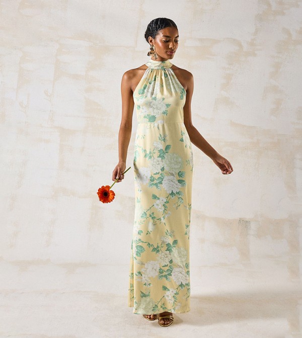 Dahlia Printed Satin Halterneck Bridesmaid Maxi Dress