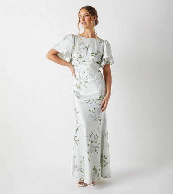 Dahlia Printed Angel Sleeves Satin Bridesmaids Maxi Dress