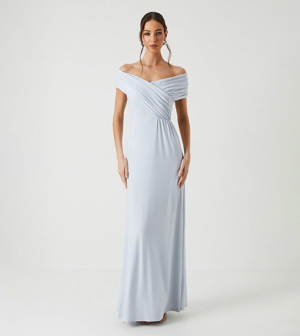 Ruched Bardot Fishtail Slinky Jersey Bridesmaids Maxi Dress