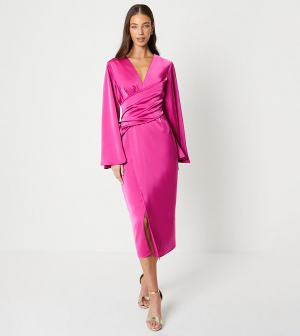 Solid Flare Sleeves Satin Wrap Dress