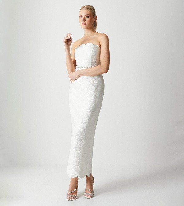 Scallop Detail Jacquard Column Wedding Dress