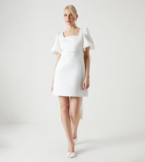 Taffeta Bow Back Puff Sleeves Mini Dress