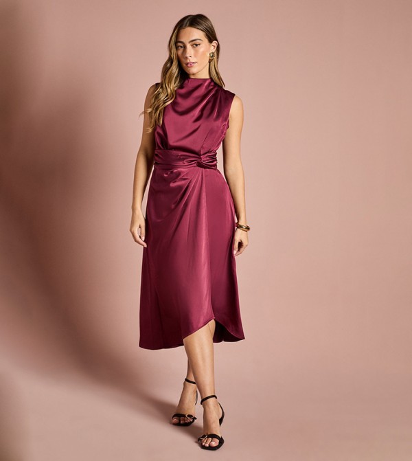 Satin Midi Dress with Twist Waist