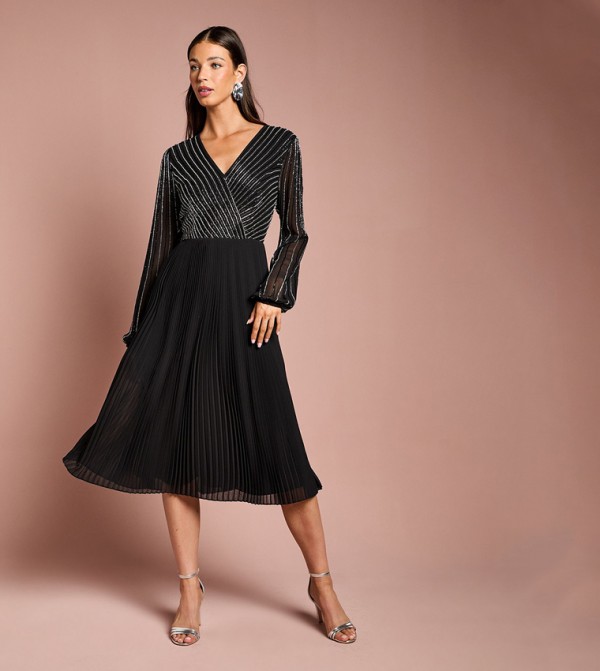 Embellished Wrap Bodice Midi Dress