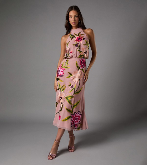Embroidered High Neck Midi Dress