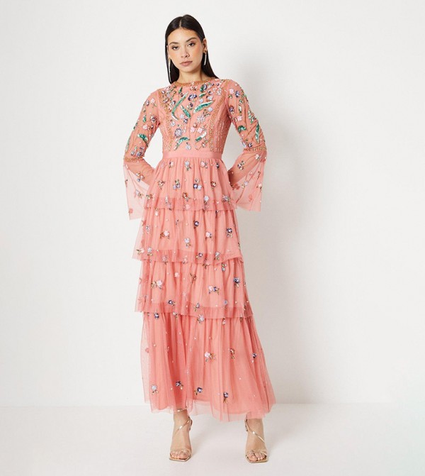 Hand Embellished Tiered Skirt Maxi Dress