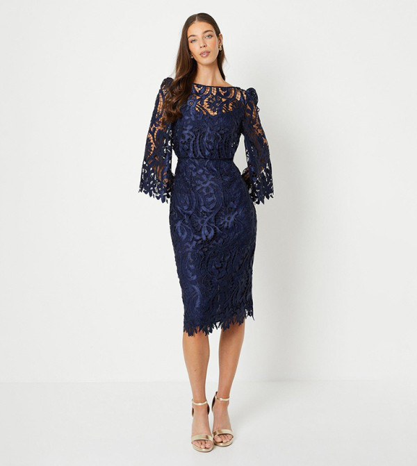 3/4 Sleeves Lace Top Bateau Neck Floor-length Dress Dusk