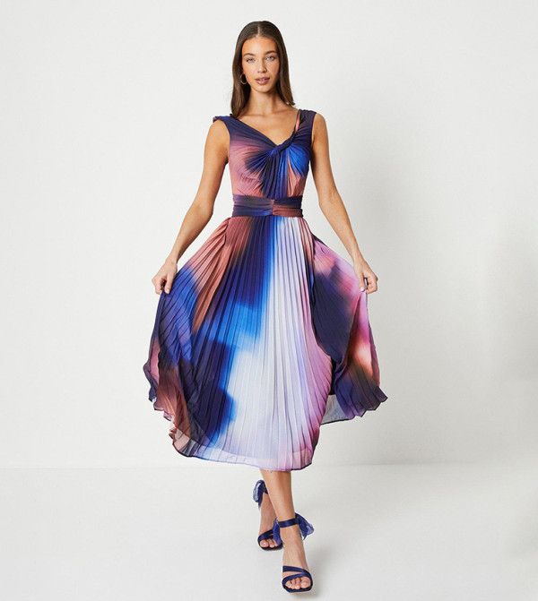 Printed Pleated V-Neck Midi Dress