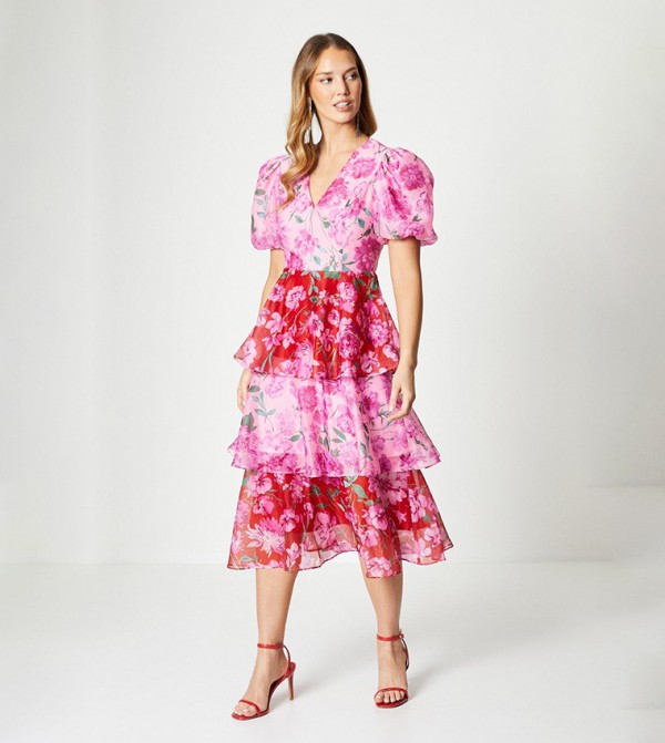 Printed Layered Organza Midi Dress