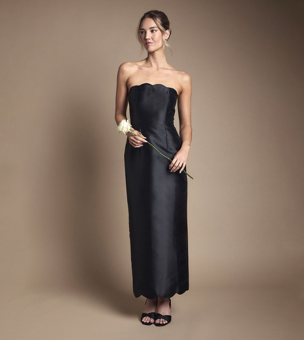 Scallop Detail Twill Column Maxi Bridesmaid Dress