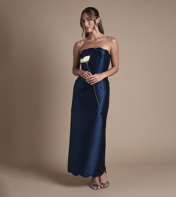 Scallop Detail Twill Column Maxi Bridesmaid Dress