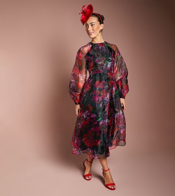 Printed Organza Wrap Waist Puff Sleeves Midi Dress